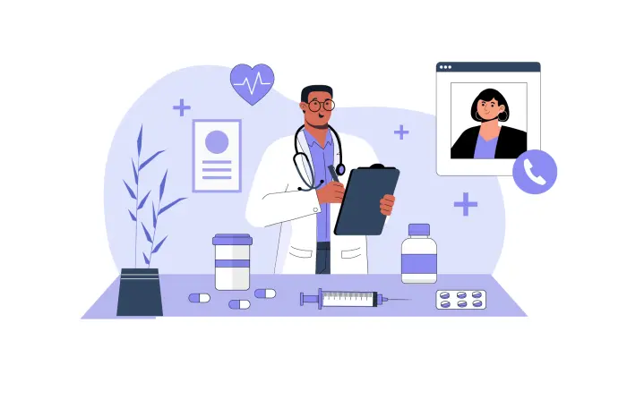 Doctor and Patient Talking on Mobile Flat Art Character Illustration image